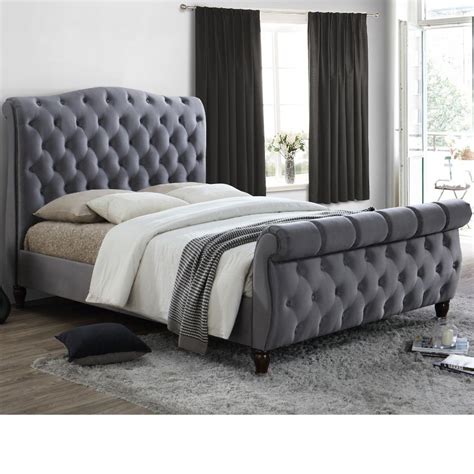 Grey Velvet Fabric Sleigh Bed Happy Beds Colorado Grey Fabric Modern Bed Frame 5ft Uk King