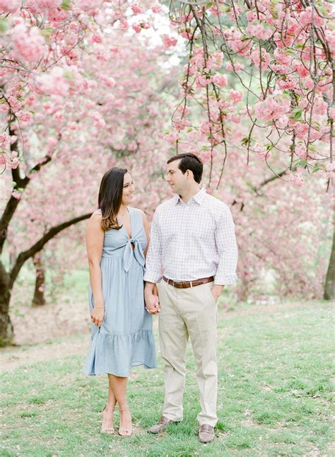 Cherry Blossom Engagement Photos In Nyc Central Park Couple Standing
