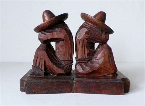 Mexican 1950s Hand Carved Wooden Siesta Folk Art Bookends Carving