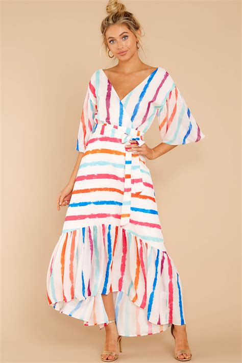 Lovely White Rainbow Stripe Maxi Flowy Wrap Maxi Dress Dress 58