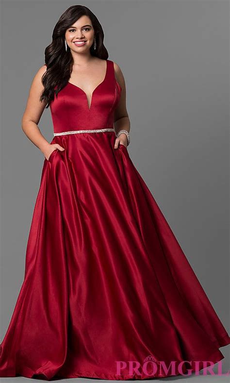 Image Of Plus Size Long Satin Prom Dress With Deep V Neckline Style
