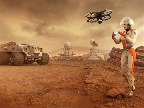 Female Astronaut Flying A Drone Near A Human Base On Mars By Vanessa