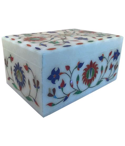 Artist Haat Handcrafted White Marble Jewellery Box Stone Inlay Grill