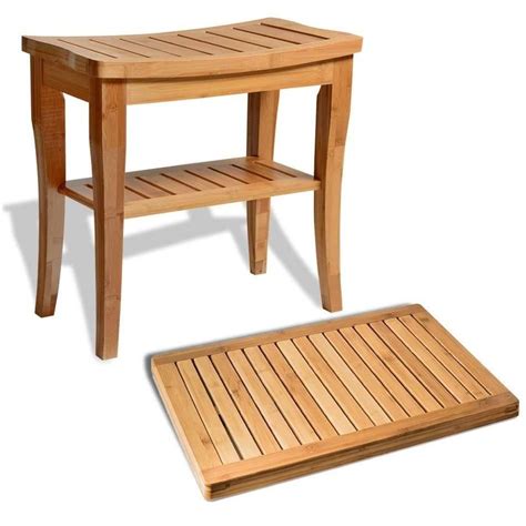 Bamboo Shower Stool With Storage Shelf And Floor Mat Shower Stool