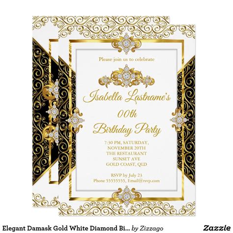 Elegant Damask Gold White Diamond Birthday Party Invitation Birthday