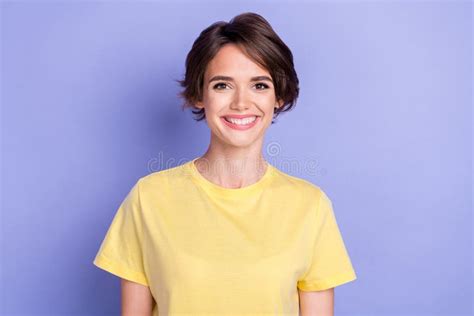 Portrait Of Gorgeous Satisfied Lady Toothy Beaming Smile Good Mood Isolated On Purple Color