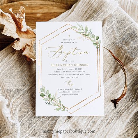 Baptism Invitation Template Greenery Hexagonal Editable Etsy