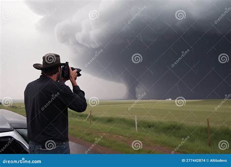 Storm Chaser Capturing Upclose Footage Of Tornado With Wind And Rain