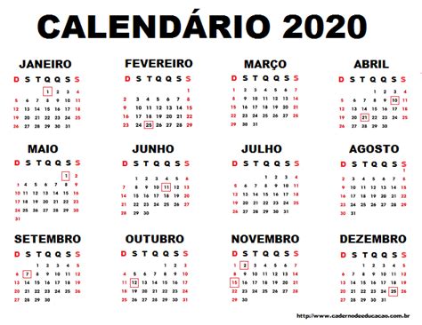 Caderno De Educação Calendário 2020 Com Feriados