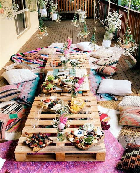 Boho Gathering Pallet Tables Cushions Love Party Setup Picnic Party Backyard Party