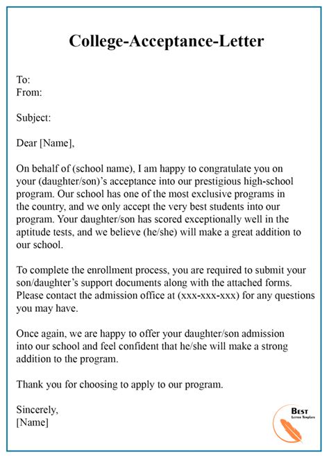 College Acceptance Letter Template Format Sample And Examples