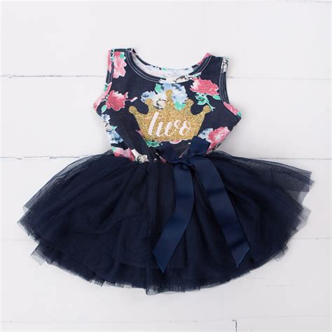 2nd Birthday Dress Gold Crown Two On Navy Floral Sleeveless Grace