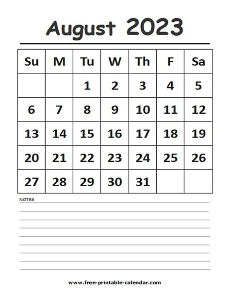 2023 Calendar August Printable Free Printable