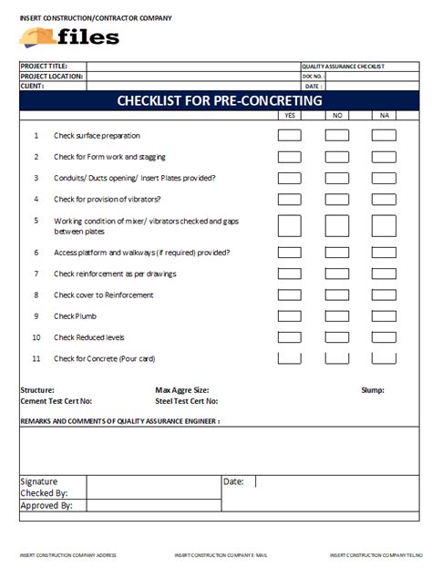 Quality Assurance Checklist Pre Concreting Construction Documents