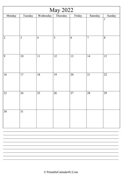 Printable May Calendar 2022 With Notes Portrait