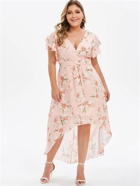 Women Summer Dress Plus Size Ruffle Sleeve Floral Print Lady Dresses Casual High Low V Neck