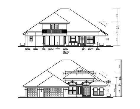 Rear And Front Side Sloping Roof Elevation Of Huge Bungalow Autocad