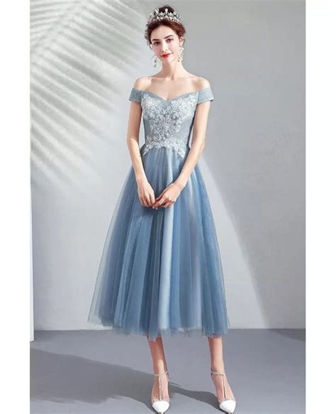 dusty blue tulle tea length party dress off shoulder with lace wholesale t79018