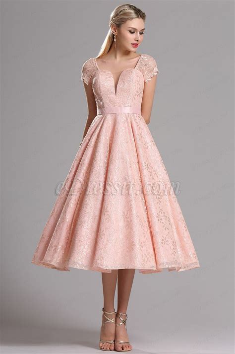 Short Sleeves Illusion V Neck Tea Pink Party Dress X04145201 Pink