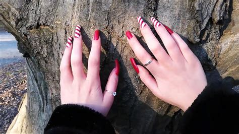 jadez asmr 13 long natural red polished nails hard scratching and tapping on tree best asmr