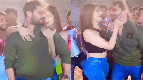 bhojpuri hot actress poonam dubey kisses khesari lal yadav in latest video viral on social media