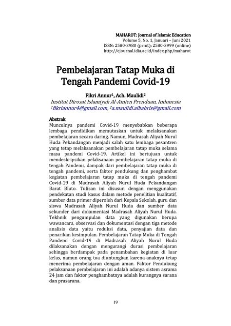 Pembelajaran Tatap Muka Di Tengah Pandemi Covid 19 Maharot Journal