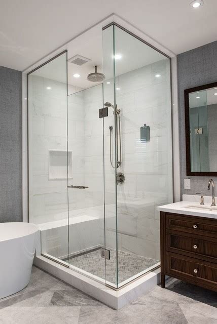 Modern Master Bathroom Renovation Corner Shower Shower Niche Rain Shower Head Modern