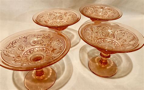 Antique Blush Pink Depression Glass Scroll Pattern Pedestal Dessert Dishes Set Of Four