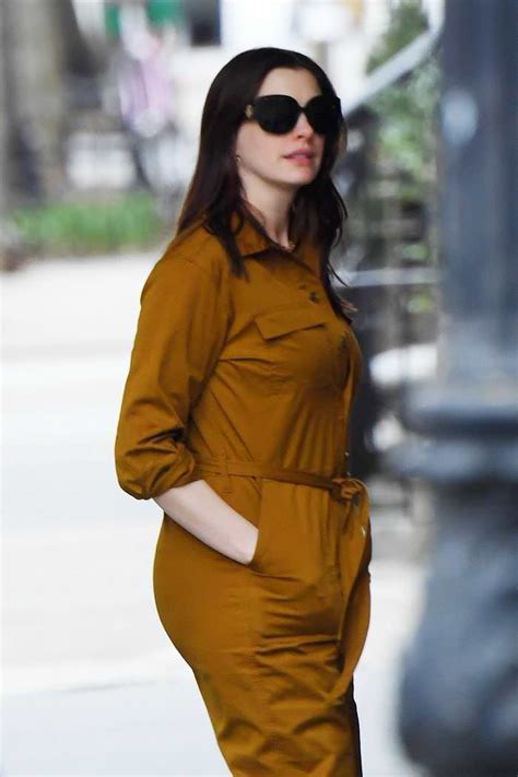 Anne Hathaway In Mustard Color Jumpsuit Out In Nyc