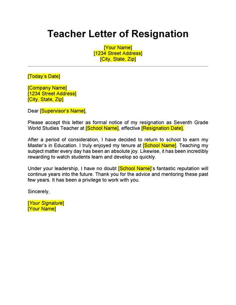 Teacher Resignation Letter Sample Doc Printable Templates