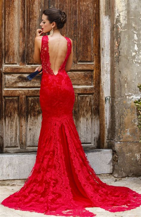 Red Lace Open V Back Gown Lace Dress Red Lace Dress Red Dress