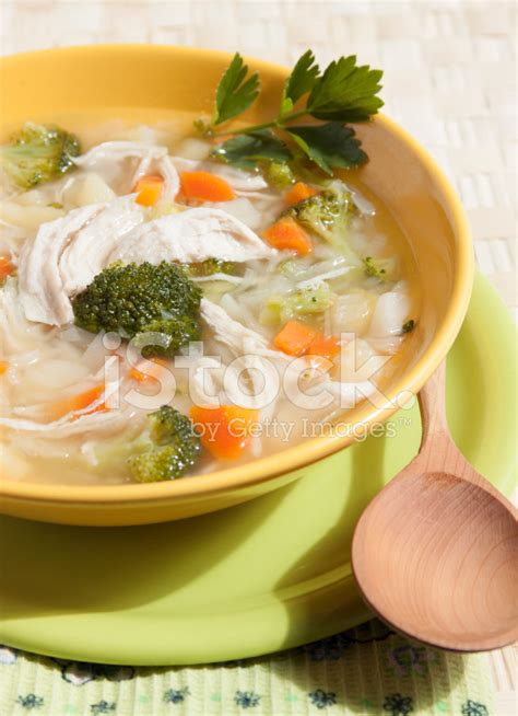 Broccoli Soup With Chicken Carrots Potatoes And Parsley Stock Photos