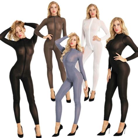 Women Double Zipper Bodysuit Sheer Mesh Bodystocking Crotchless