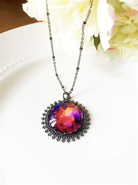 Nebula Glass Necklace Fine Cabochon Jewelry Filigree Gunmetal Etsy