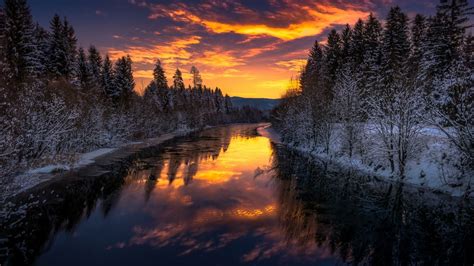 Desktop Wallpaper River Trees Winter Sunset Nature Hd Image