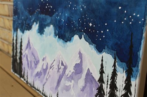 Watercolor Mountain Painting Starry Night Etsy