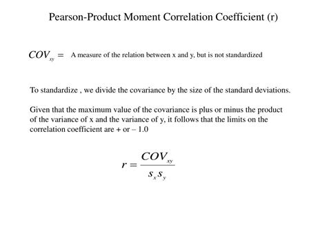The pearson product moment correlation is a parametric test for the linear relationship between two datasets. PPT - Pearson-Product Moment Correlation Coefficient (r ...