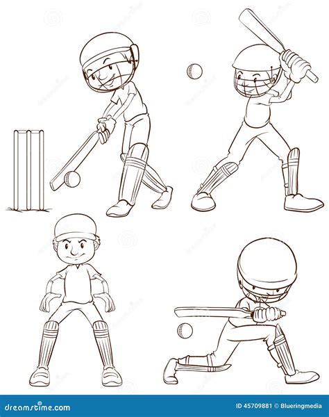 Plain Sketches Of The Cricket Players Stock Vector Illustration Of