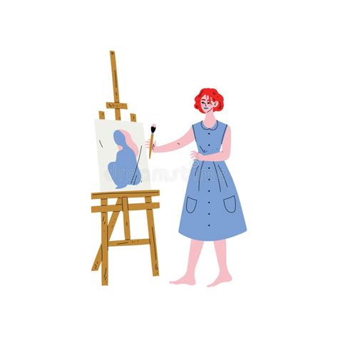 Female Artist Character Drawing On Easel With Paints Young Woman In