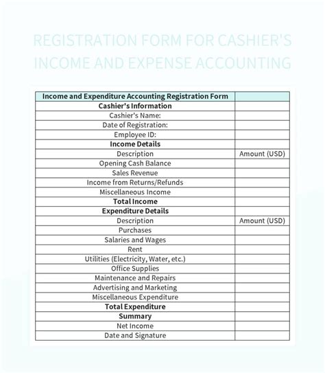 Registration Form For Cashier S Income And Expense Accounting Excel