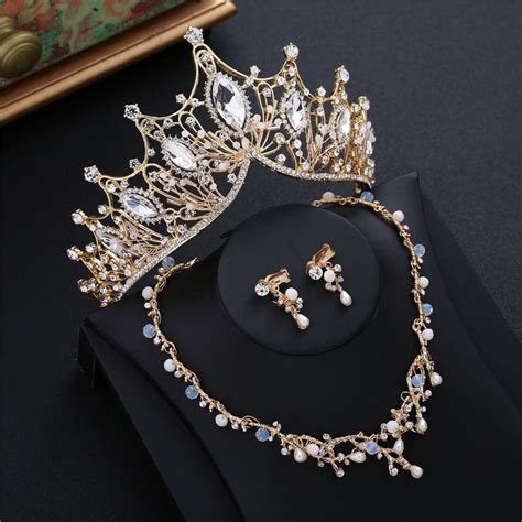 Chic Beautiful Gold Tiara Earrings Necklace Beading Rhinestone 2019