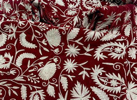 Red Velvet Running Fabric With Paisley Pattern Zari Embroidery Angad