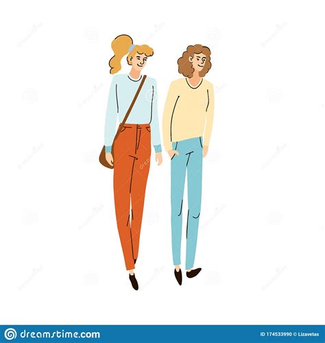 Two Young Girl Friends Walking Together On The Street Stock Vector