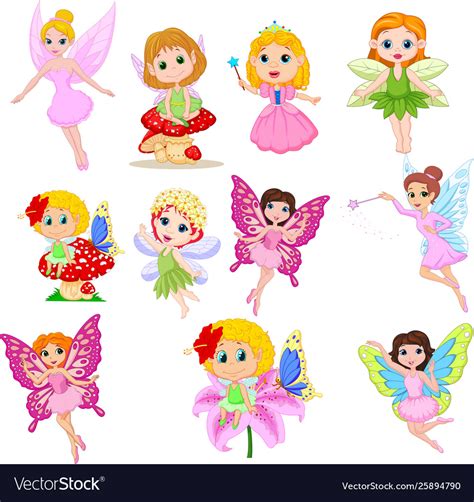 Set Cute Beautiful Fairies Cartoon Isolated Vector Image