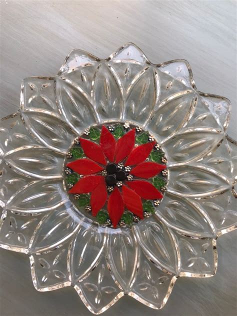 Poinsettia On Vintage Glass Plate Etsy