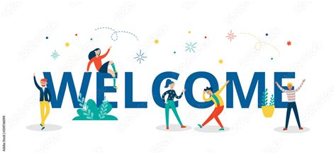Vecteur Stock Welcome Colorful Letters With People Characters Flat