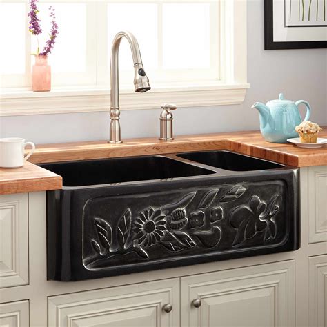 Farm sinks for kitchens home depot. 33" Floral 70/30 Offset Double-Bowl Polished Granite ...
