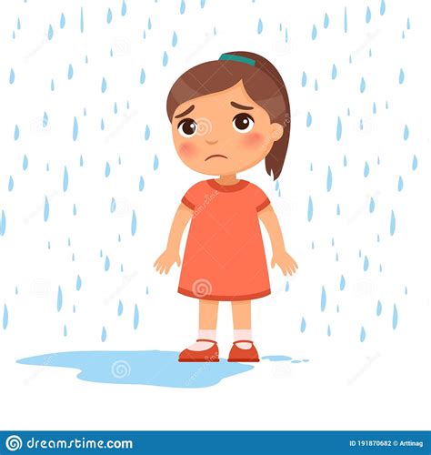 Unhappy Girl Under Rain Flat Vector Illustration Sad Preteen Child In