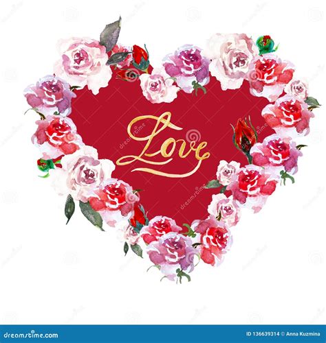 Pink Heart Flower Wreath With Watercolor Roses And Rosebuds And Word