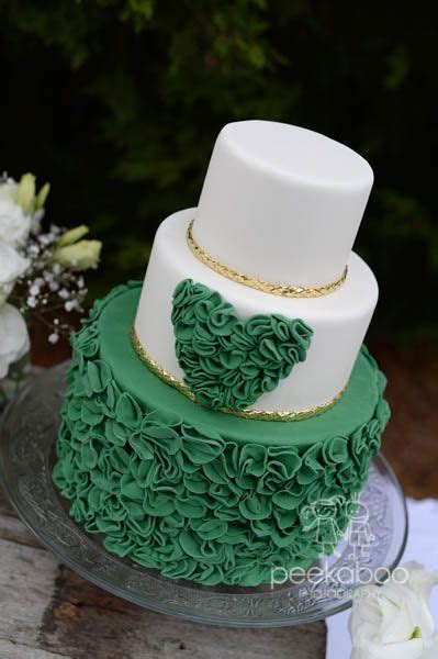 Emerald Green Wedding Cake With Ruffle Heart And Gold Ribboning Wedding